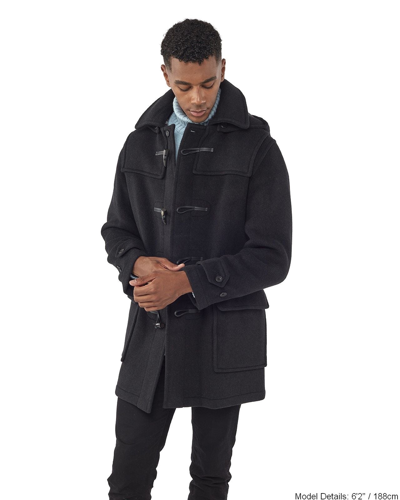 Men's Charcoal London Custom Fit Convertible Duffle Coat, With Original Removable Hood And Horn Toggles