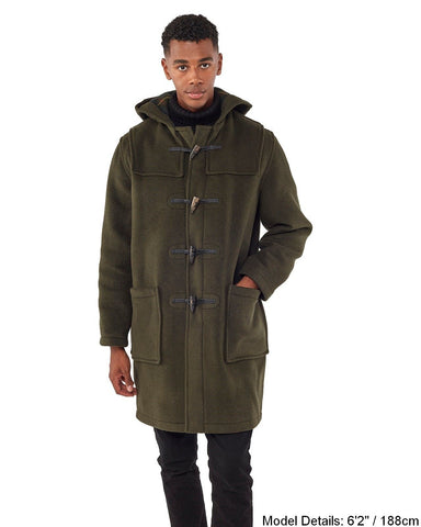 Mens Olive Classic Fit Original And Authentic Duffle Coat With Horn Toggles