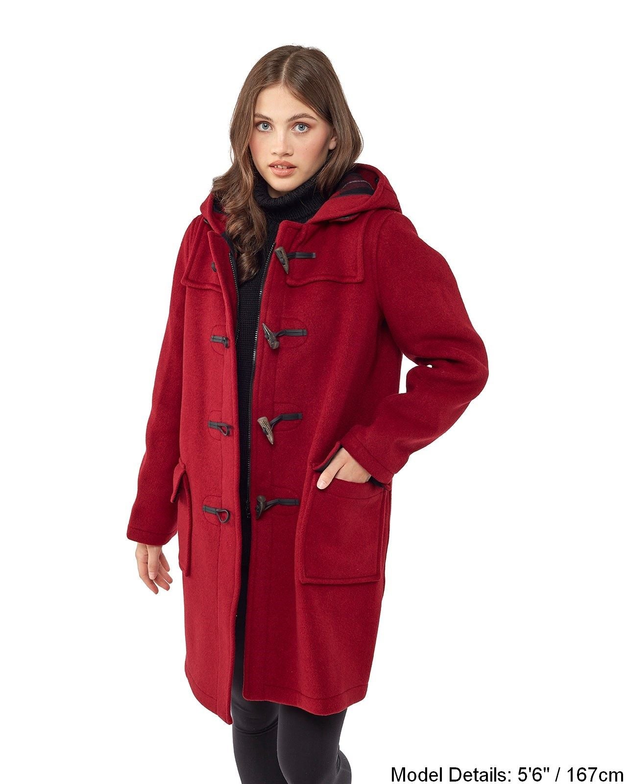 Woman's Burgundy Original Classic Fit Duffle Coat With Horn Toggles