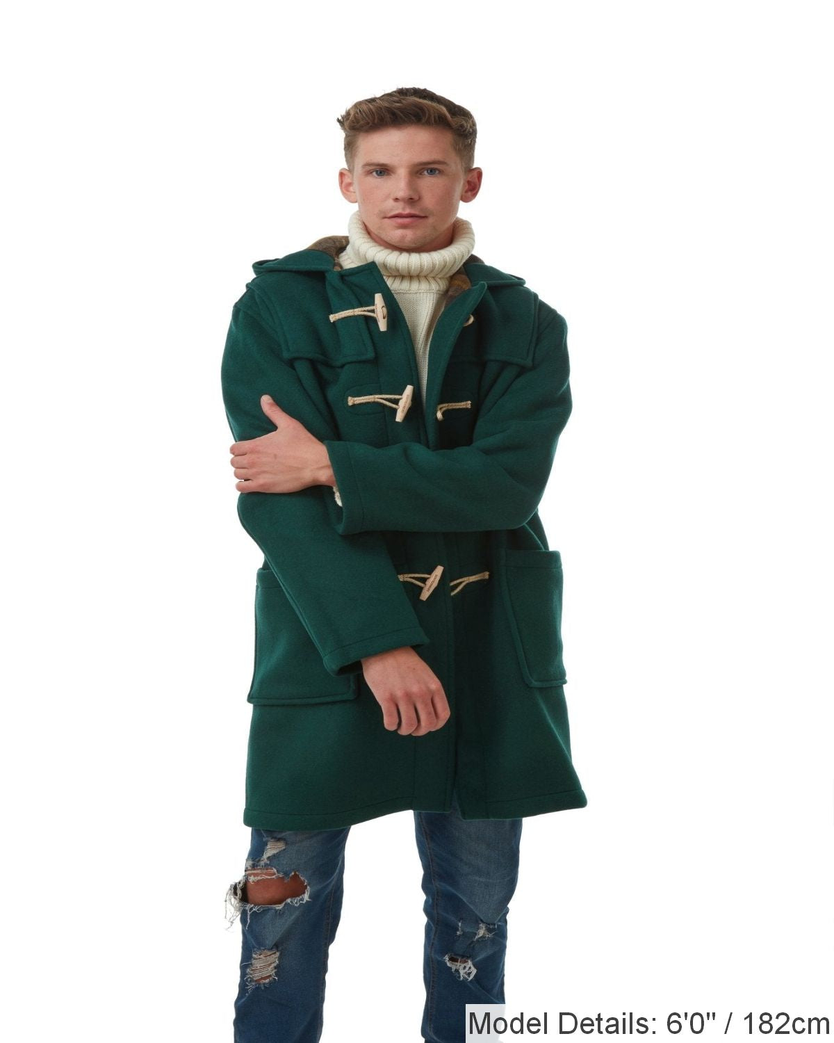 Mens British Racing Green Classic Fit Original And Authentic Duffle Coat With Wooden Toggles