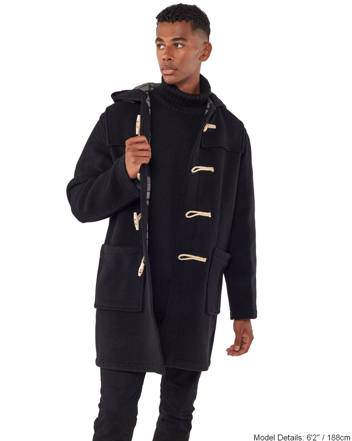 Mens Black Classic Fit Original And Authentic Duffle Coat With Wooden Toggles