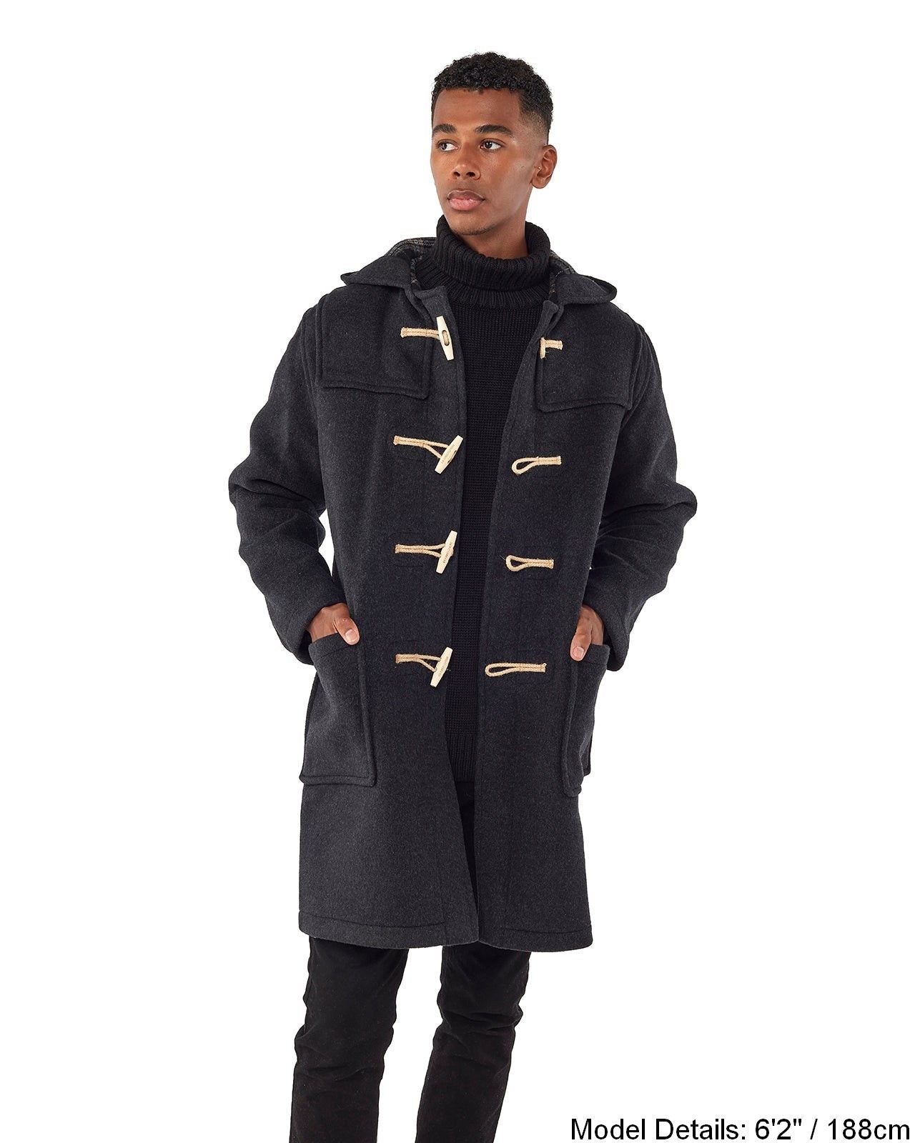 Mens Charcoal Classic Fit Original And Authentic Duffle Coat With Wooden Toggles