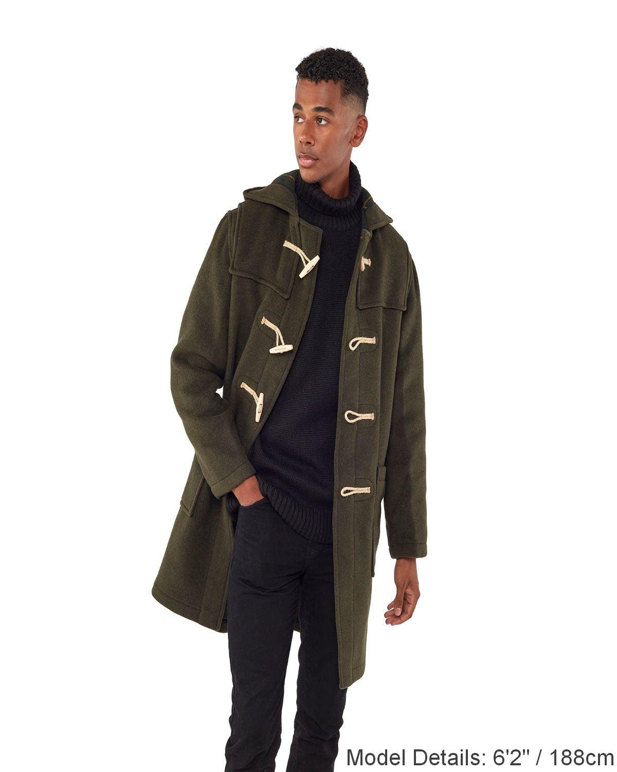 Mens Olive Classic Fit Original And Authentic Duffle Coat With Wooden Toggles