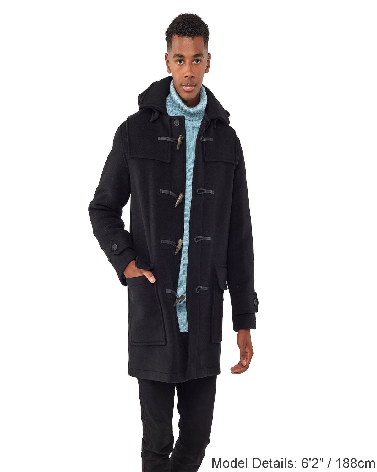 Men's Black London Custom Fit Convertible Duffle Coat, With Original Removable Hood And Horn Toggles