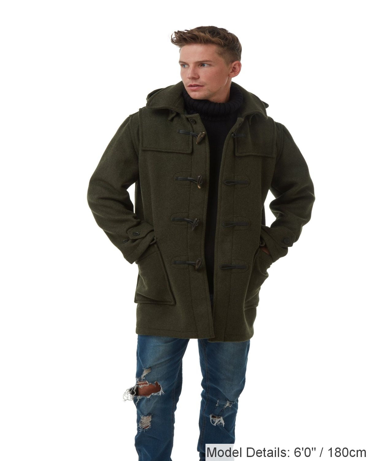 Men's Olive London Custom Fit Convertible Duffle Coat, With Original Removable Hood And Horn Toggles