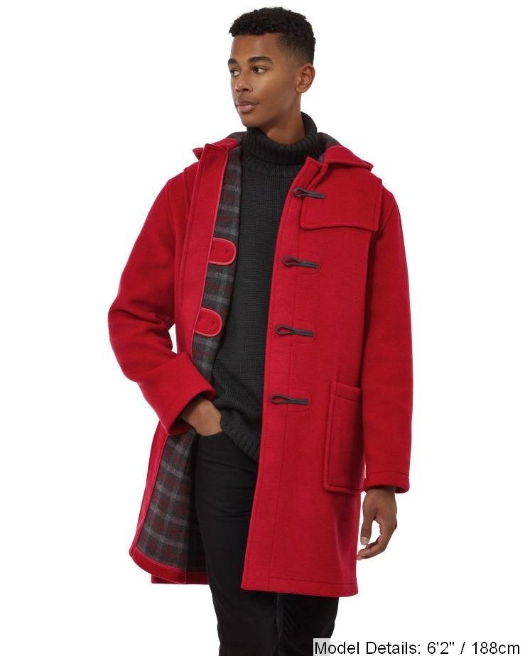 Men's Red Classic Fit Original And Authentic Duffle Coat With Horn Toggles